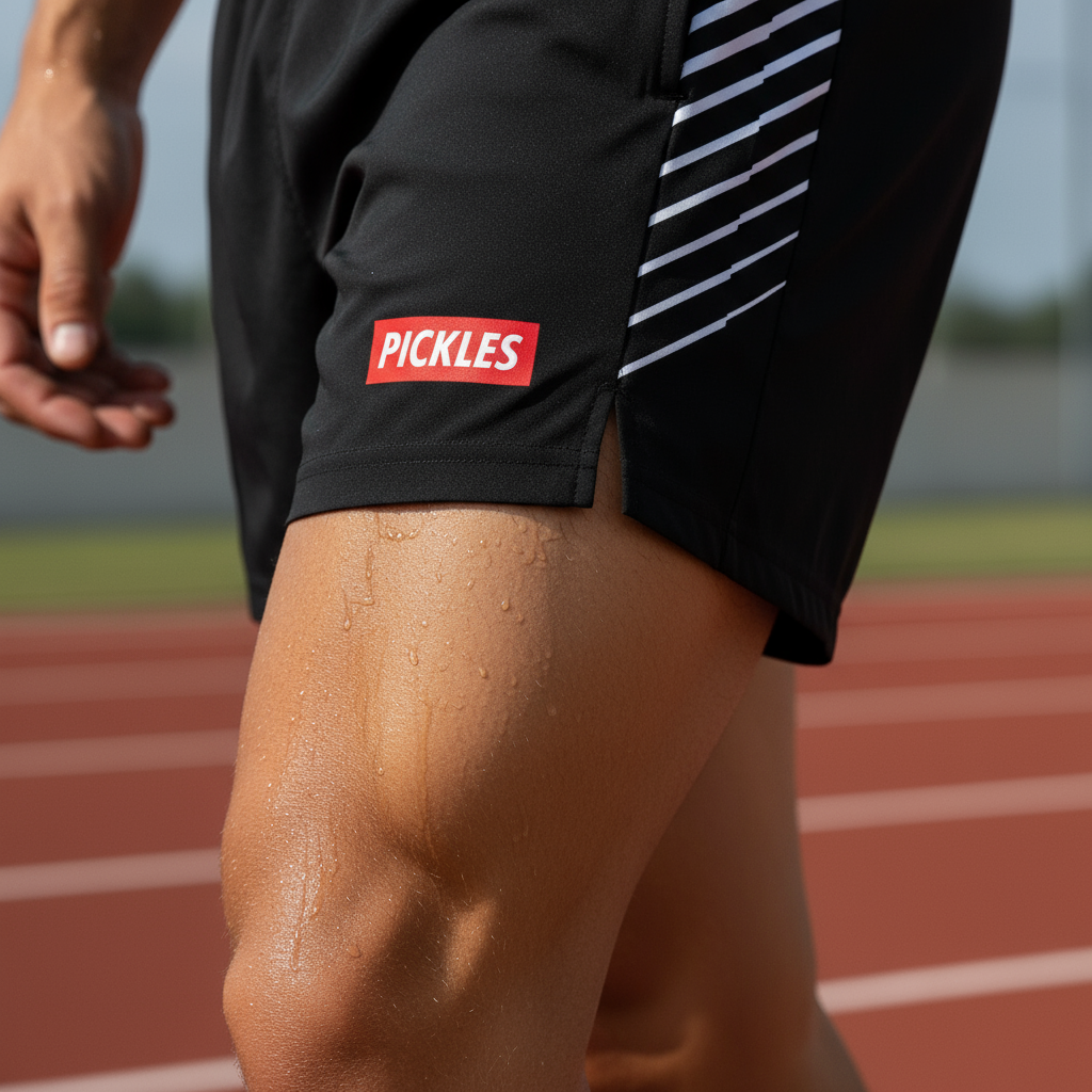 Black shorts with white stripes and a red 'PICKLES' logo on a white background