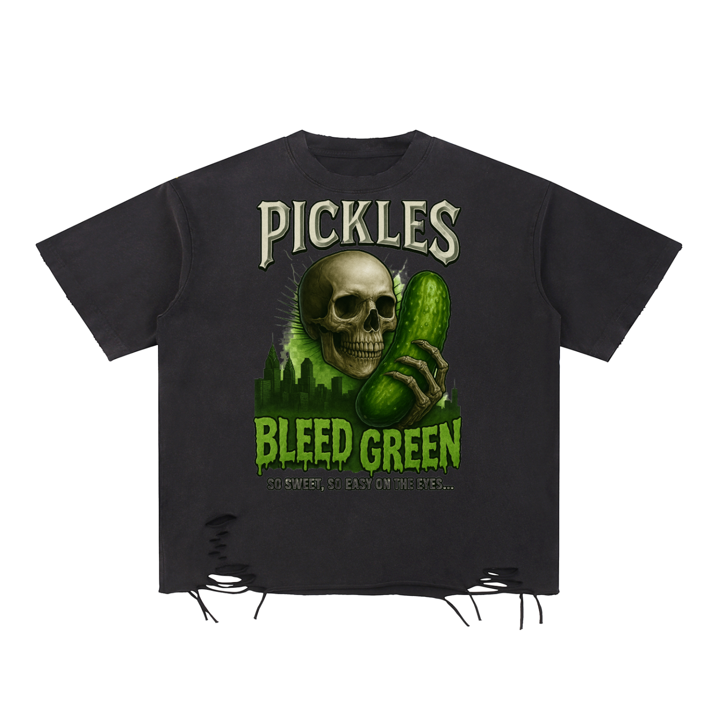 Bleed Green Skull Snow Washed Raw-Hem T-Shirt