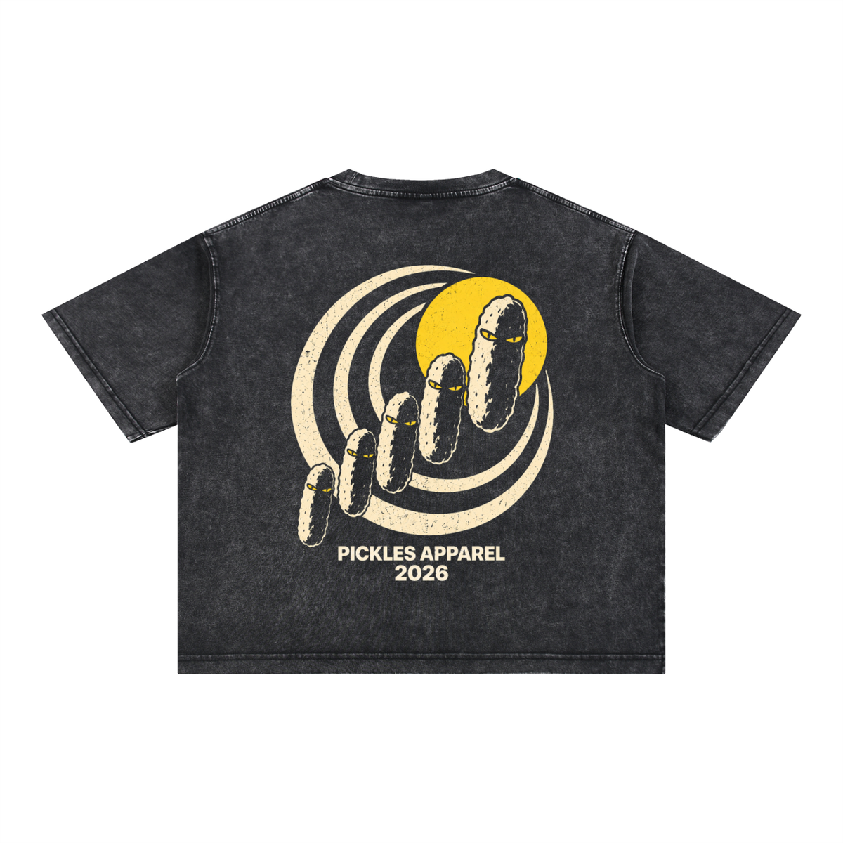Mr. Pickles mineral-wash boxy T-shirt in Black, back with cream spiral, yellow sun, and pickle procession