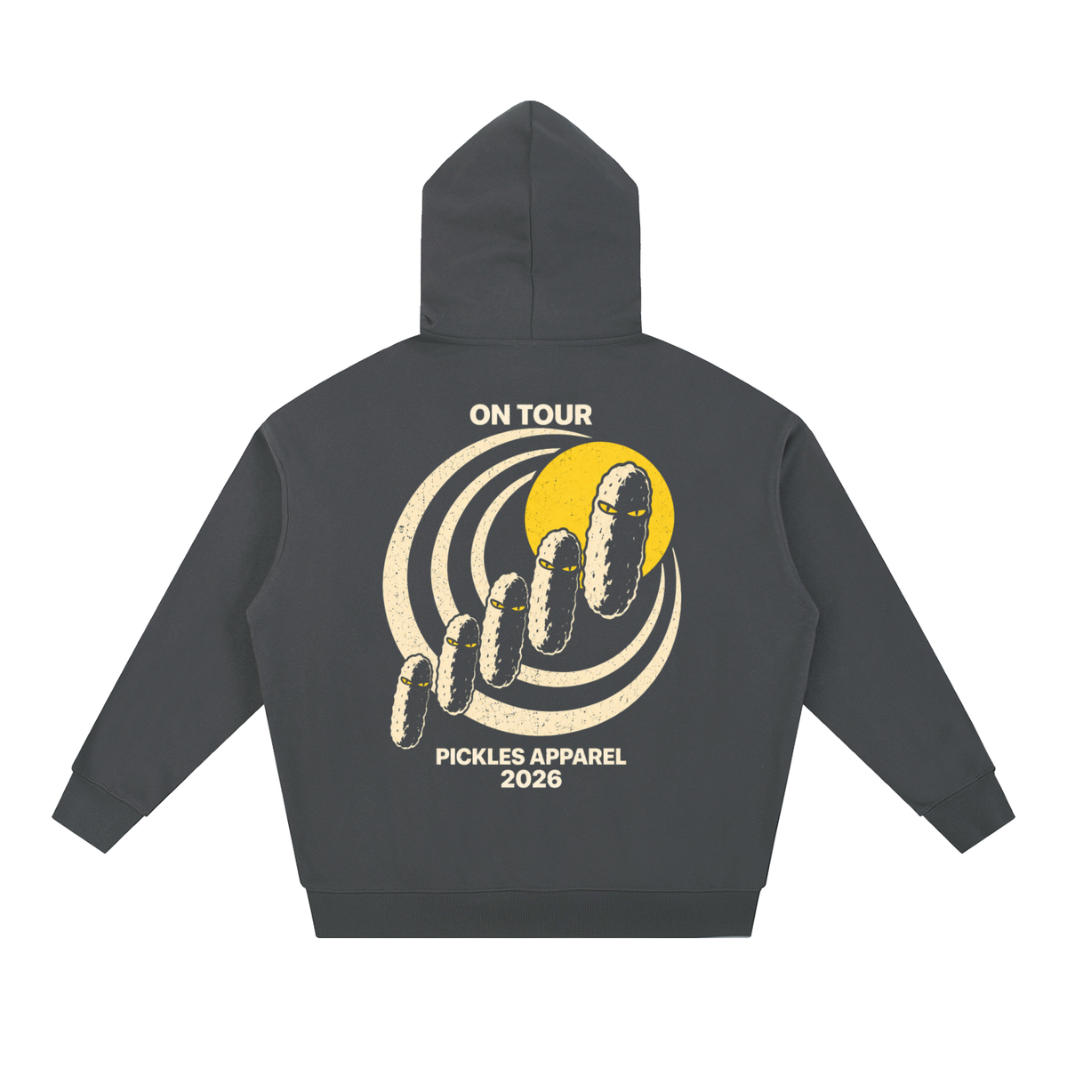 Mr. Pickles Tour heavyweight hoodie in Dark Gray, back with On Tour lettering, cream spiral, and pickle procession