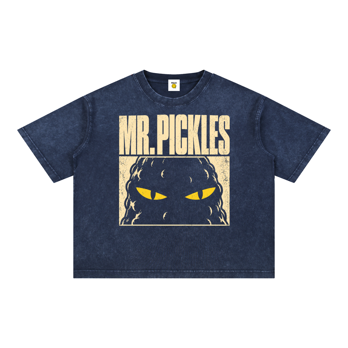 Mr. Pickles mineral-wash boxy T-shirt in Royal Blue, front with distressed cream lettering and yellow-eyed pickle artwork