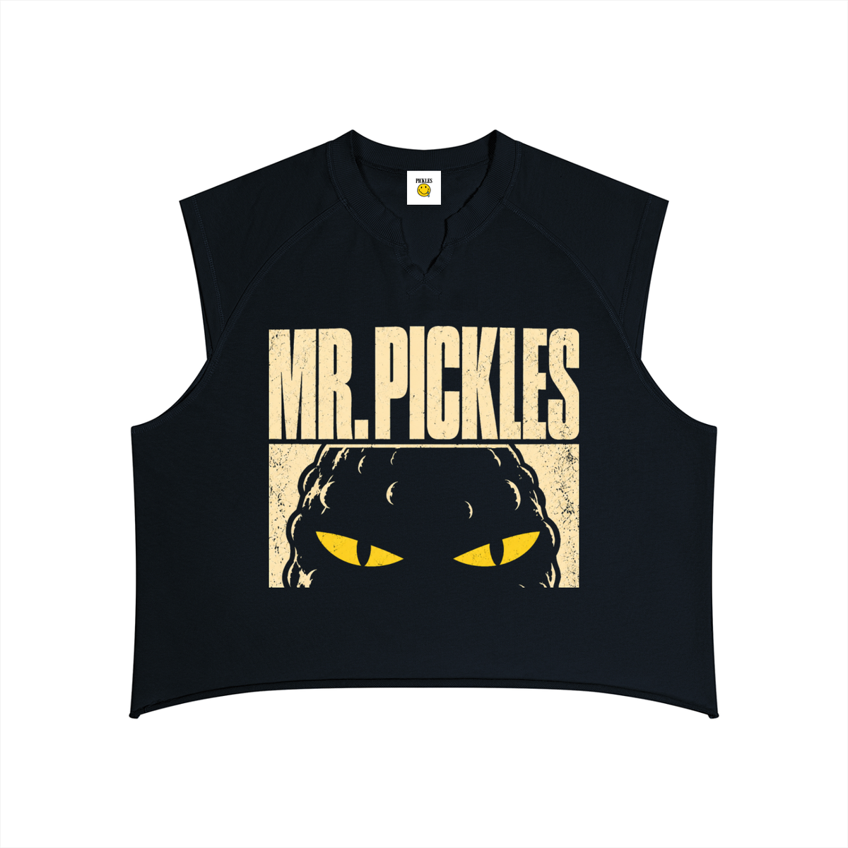 Mr. Pickles Tour raw-hem tank top in Black, front with distressed cream lettering and yellow-eyed pickle artwork
