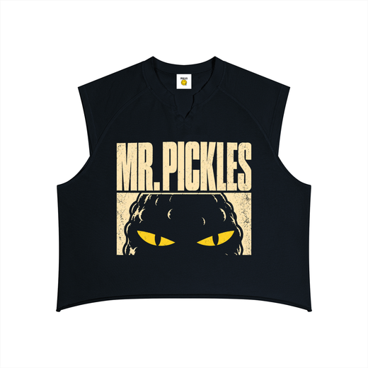 Mr. Pickles Tour raw-hem tank top in Black, front with distressed cream lettering and yellow-eyed pickle artwork