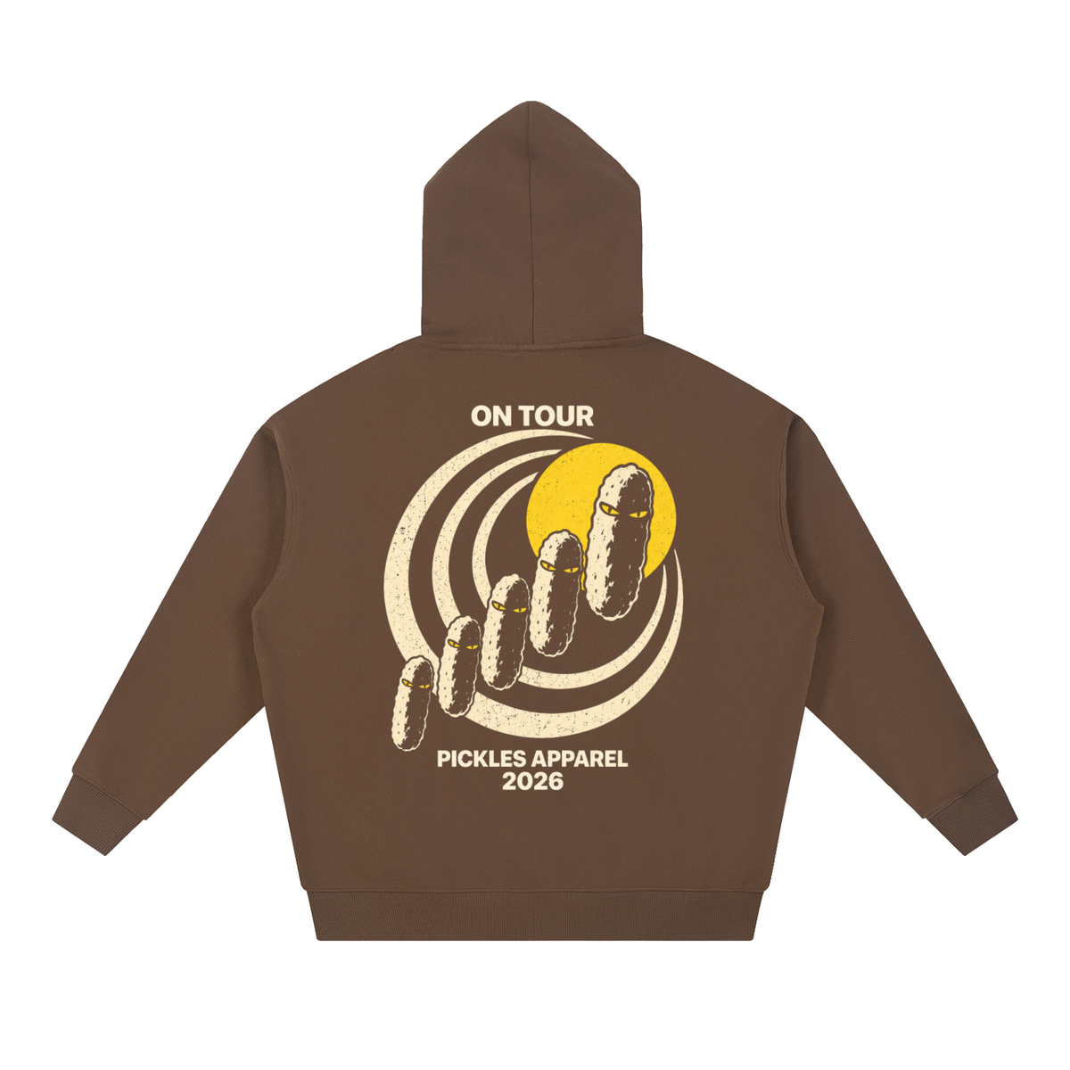 Mr. Pickles Tour heavyweight hoodie in Coffee, back with On Tour lettering, cream spiral, and pickle procession