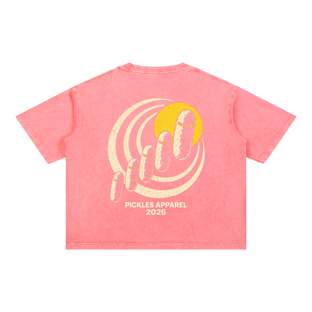 Mr. Pickles mineral-wash boxy T-shirt in Pink, back with cream spiral, yellow sun, and pickle procession