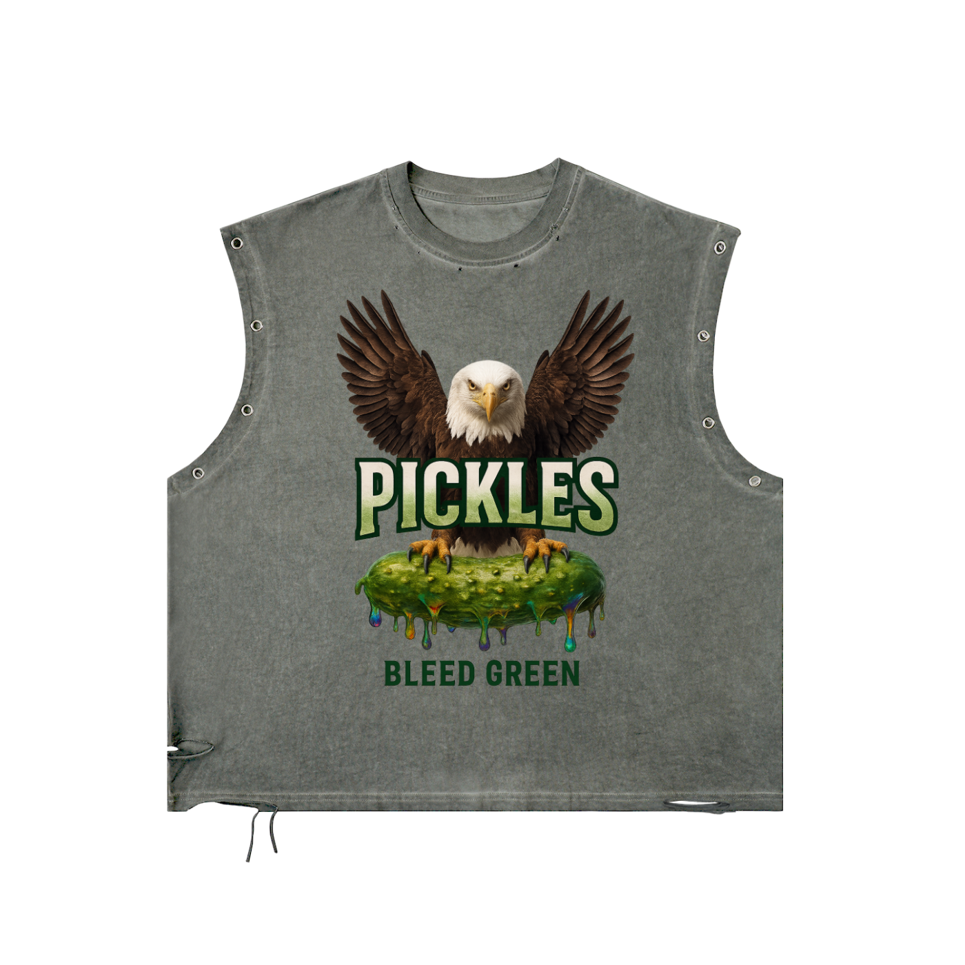 Pickles Bleed Green Distressed Grommet Eyelet Tank Top
