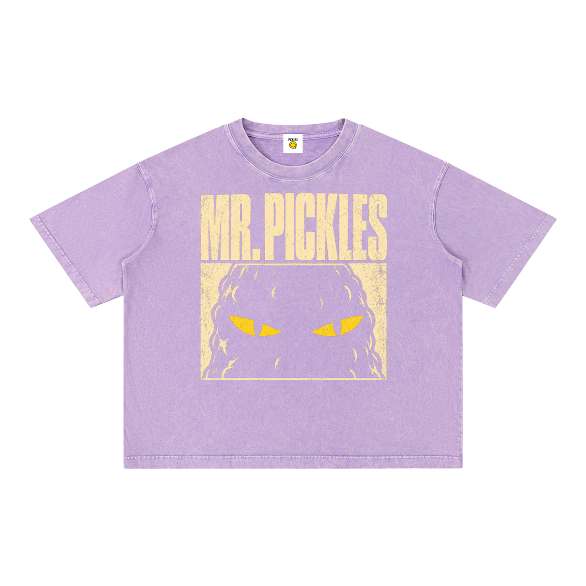 Mr. Pickles mineral-wash boxy T-shirt in Purple, front with distressed cream lettering and yellow-eyed pickle artwork