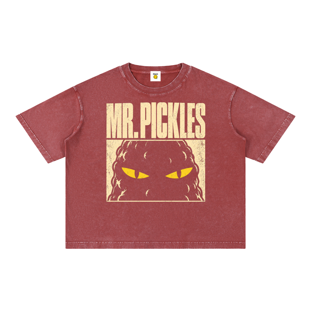Mr. Pickles mineral-wash boxy T-shirt in Red, front with distressed cream lettering and yellow-eyed pickle artwork