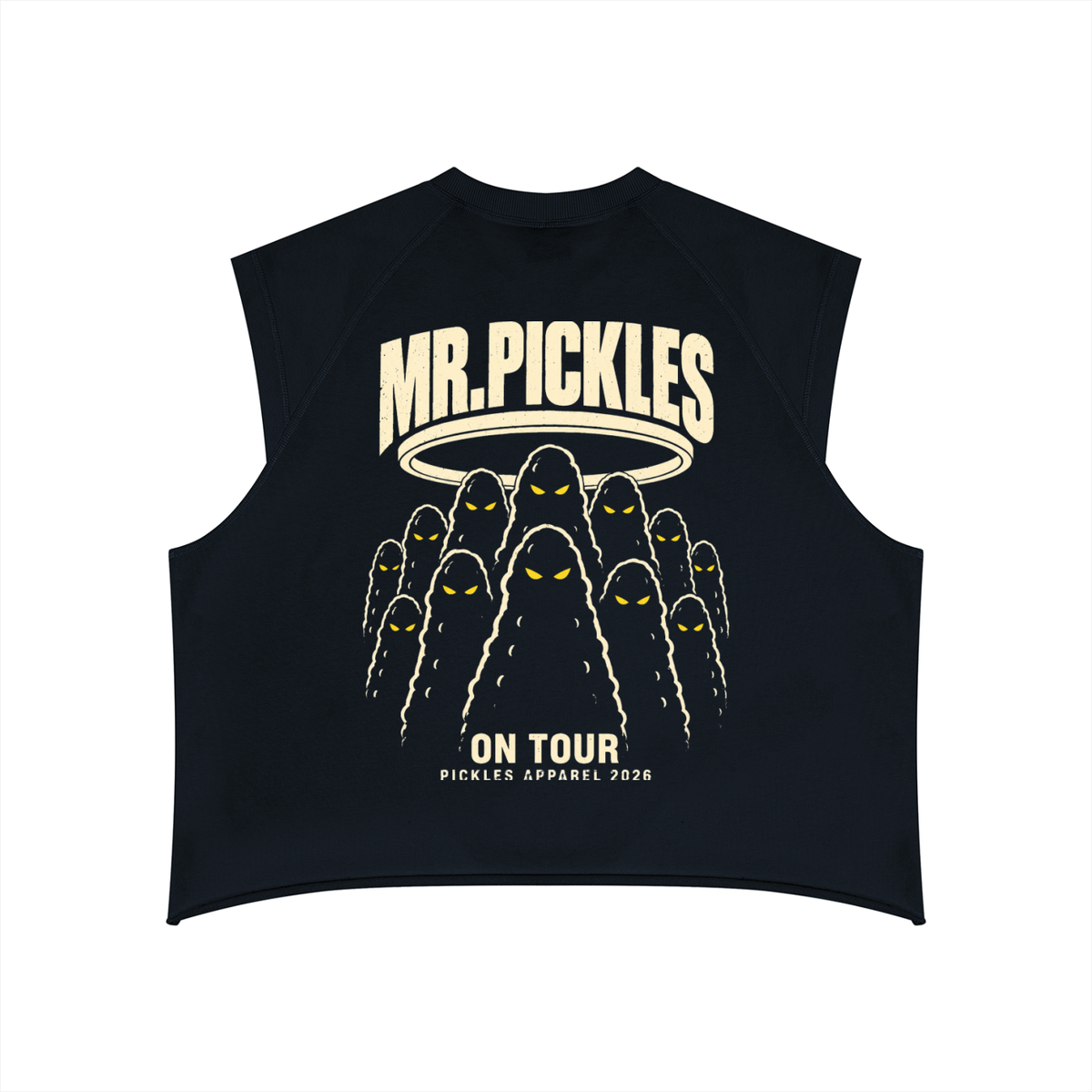 Mr. Pickles Tour raw-hem tank top in Black, back with yellow-eyed pickle crew and On Tour artwork