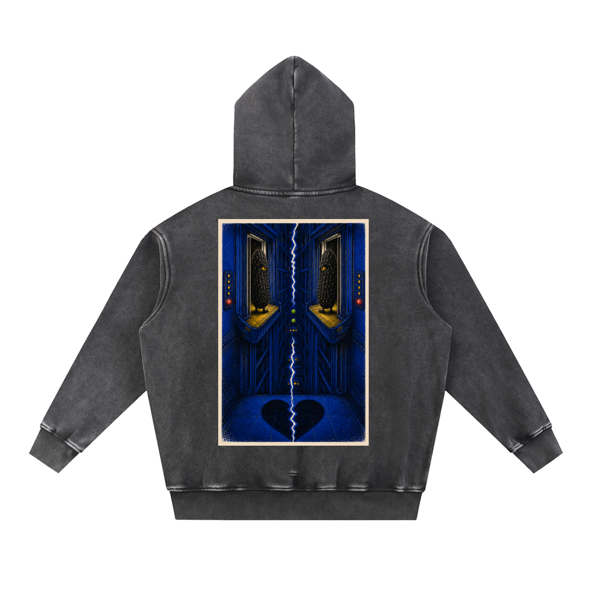 Brine Unconscious snow-wash hoodie in Black, back with surreal blue pickle-eye artwork