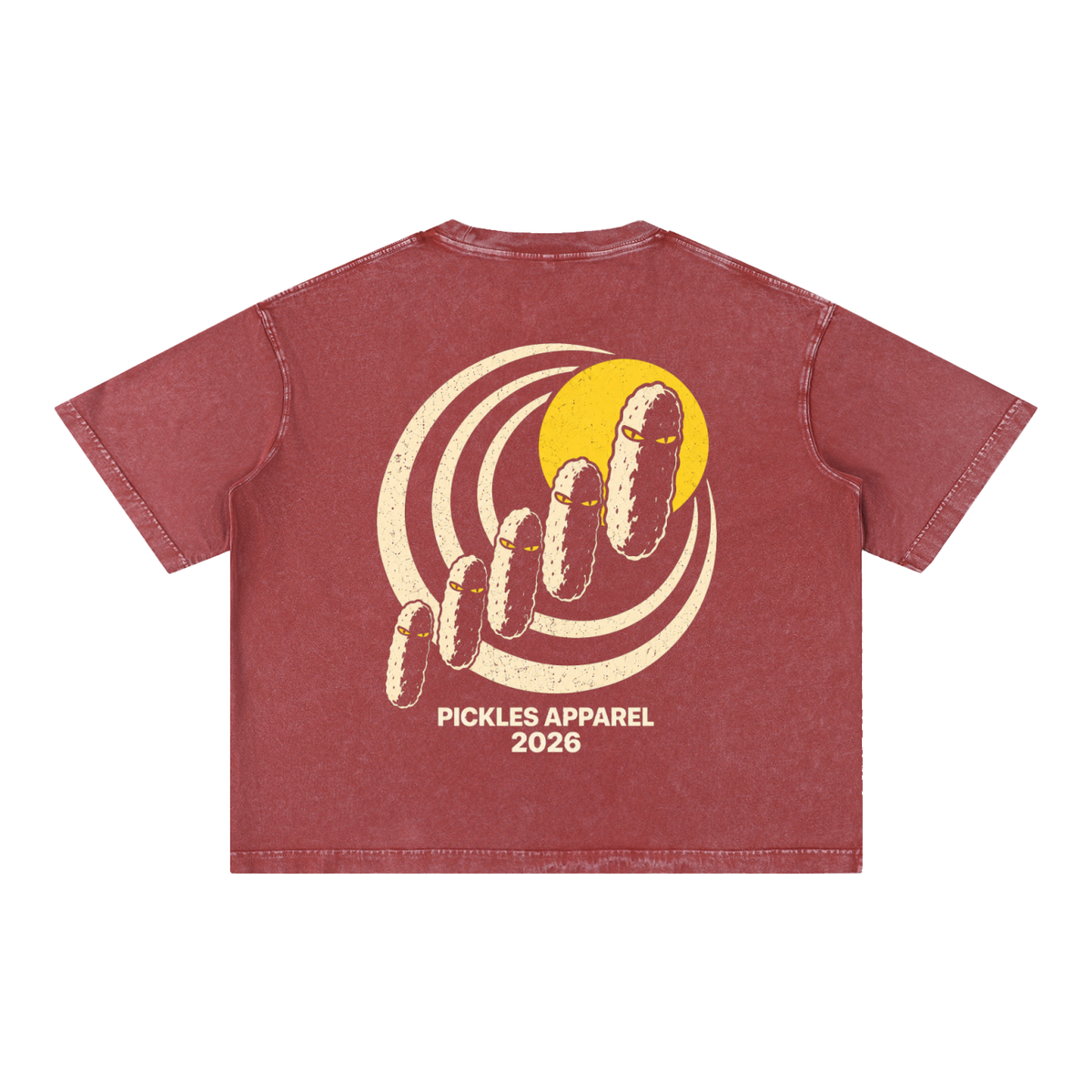 Mr. Pickles mineral-wash boxy T-shirt in Red, back with cream spiral, yellow sun, and pickle procession