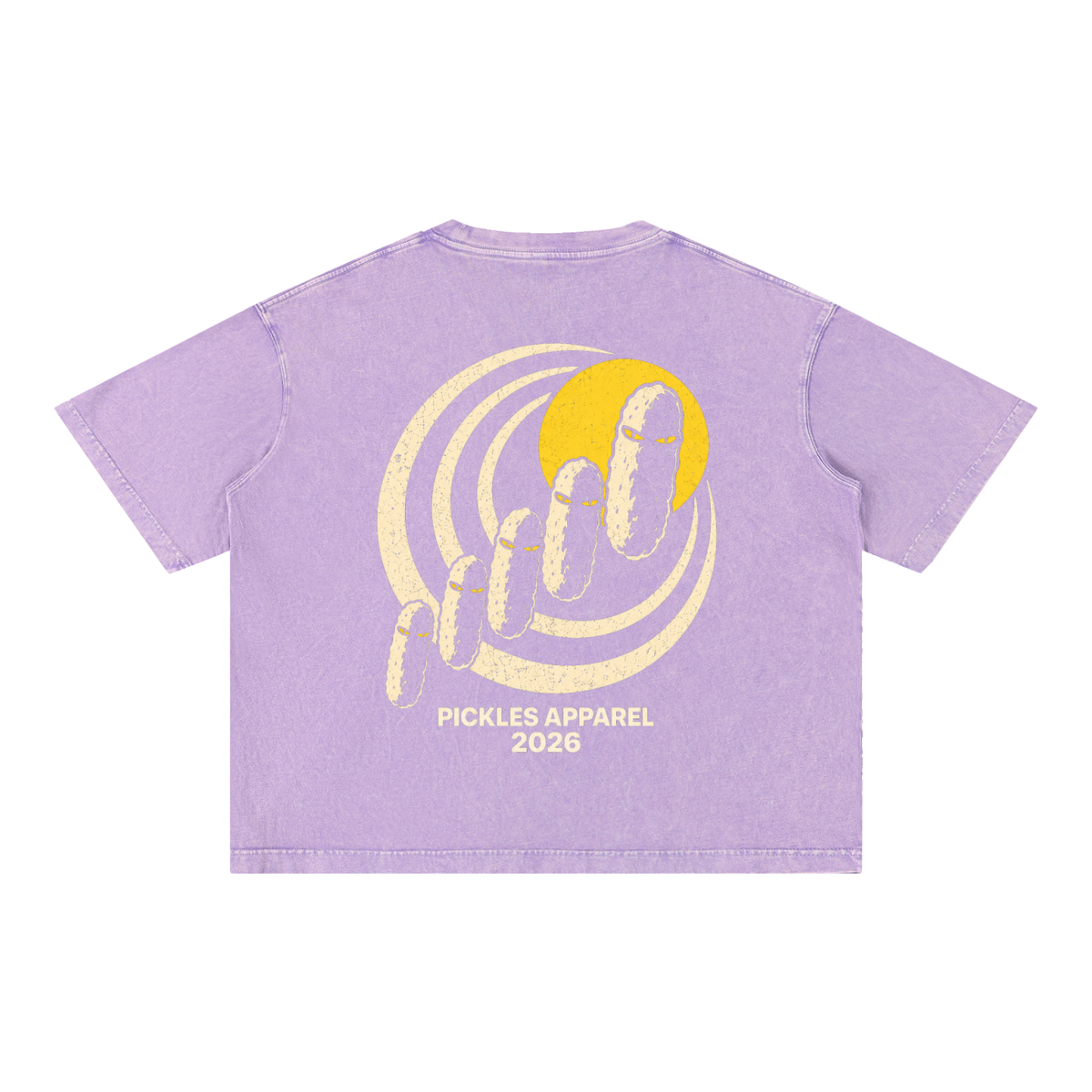 Mr. Pickles mineral-wash boxy T-shirt in Purple, back with cream spiral, yellow sun, and pickle procession