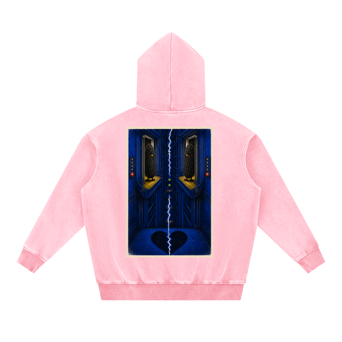 Brine Unconscious snow-wash hoodie in Pink, back with surreal blue pickle-eye artwork