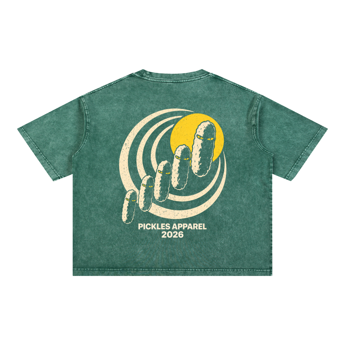 Mr. Pickles mineral-wash boxy T-shirt in Blackish Green, back with cream spiral, yellow sun, and pickle procession