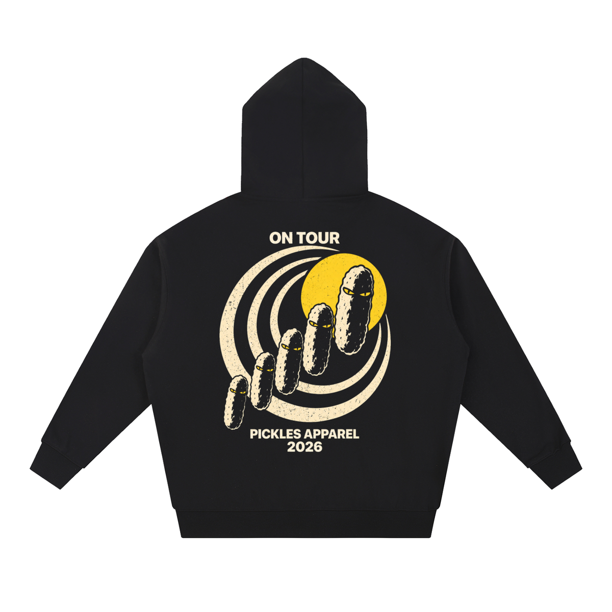 Mr. Pickles Tour heavyweight hoodie in Black, back with On Tour lettering, cream spiral, and pickle procession