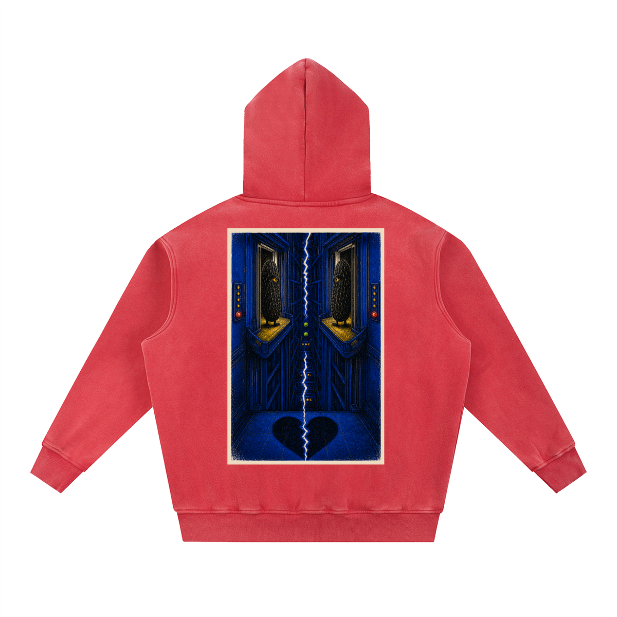 Brine Unconscious snow-wash hoodie in Red, back with surreal blue pickle-eye artwork