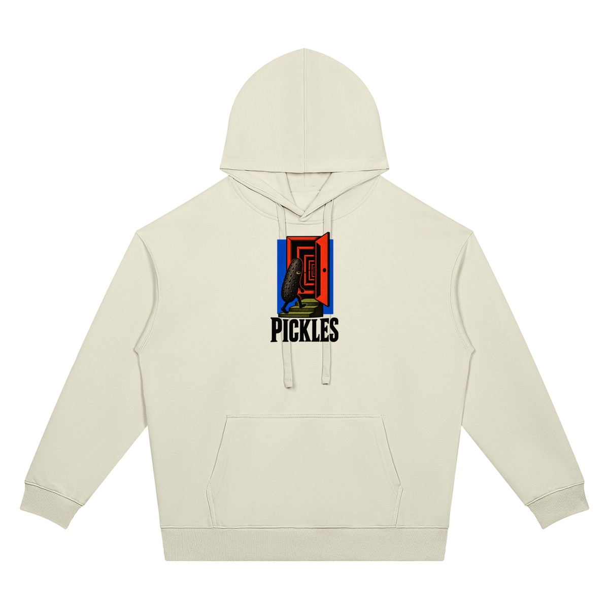 Pickles Juice oversized hoodie in Beige Camel, front with doorway pickle chest graphic