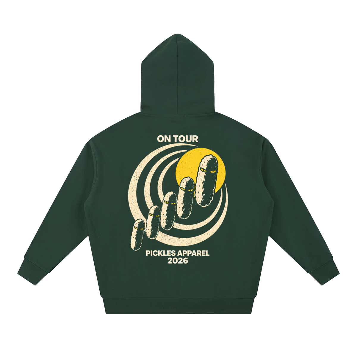 Mr. Pickles Tour heavyweight hoodie in Blackish Green, back with On Tour lettering, cream spiral, and pickle procession