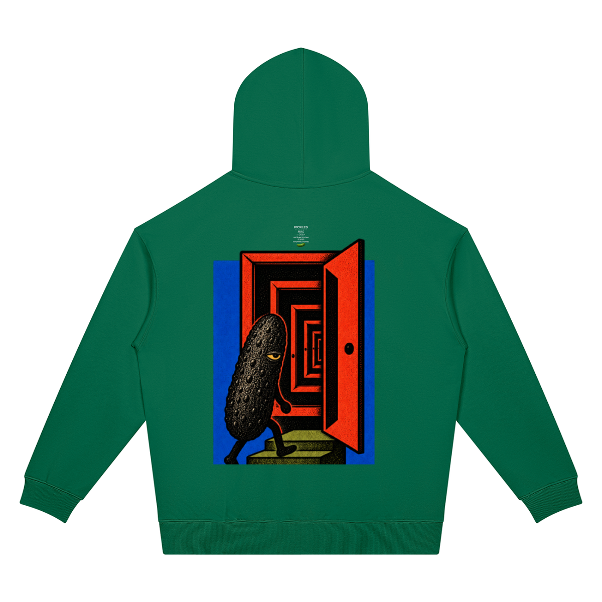 Pickles Juice oversized hoodie in Blackish Green, back with red-and-blue doorway pickle graphic