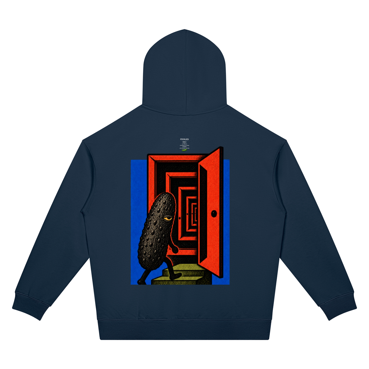 Pickles Juice oversized hoodie in Navy Blue, back with red-and-blue doorway pickle graphic