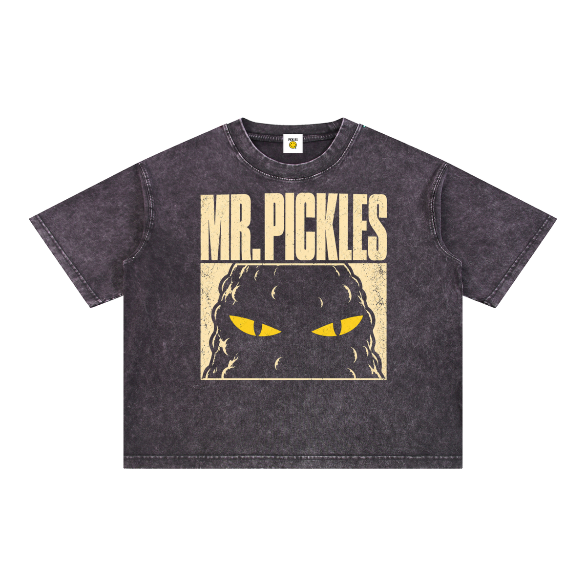 Mr. Pickles mineral-wash boxy T-shirt in Dark Gray, front with distressed cream lettering and yellow-eyed pickle artwork