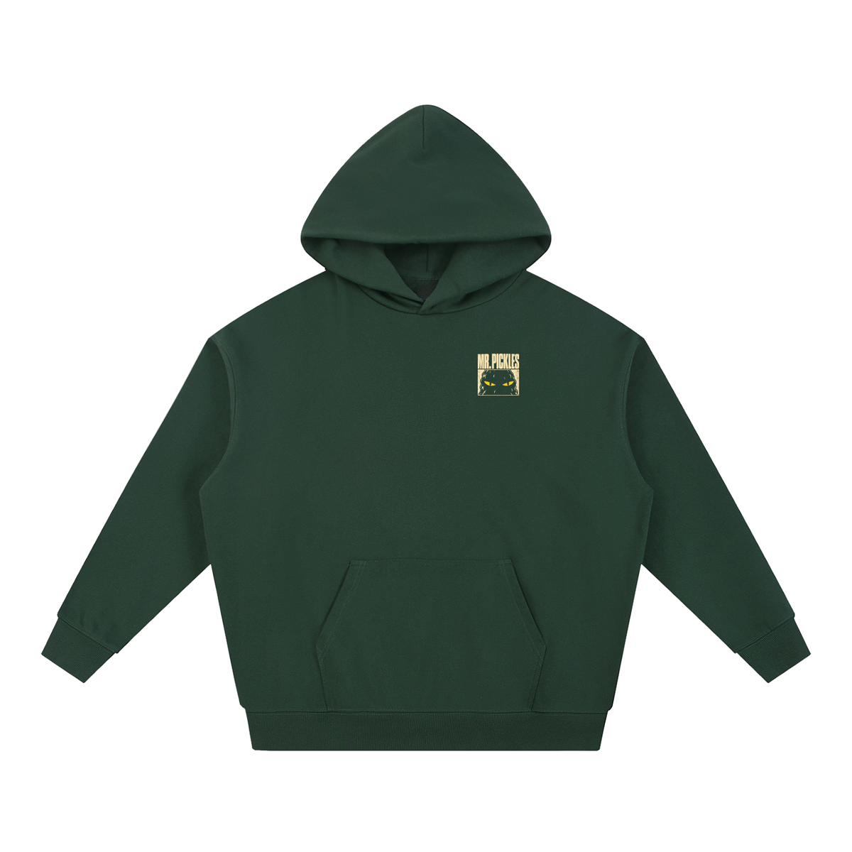 Mr. Pickles Tour heavyweight hoodie in Blackish Green, front with small Mr. Pickles chest graphic