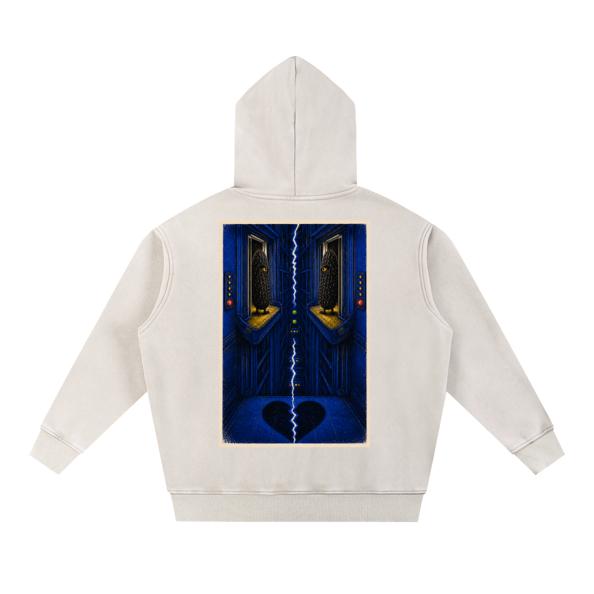 Brine Unconscious snow-wash hoodie in Mild Apricot, back with surreal blue pickle-eye artwork