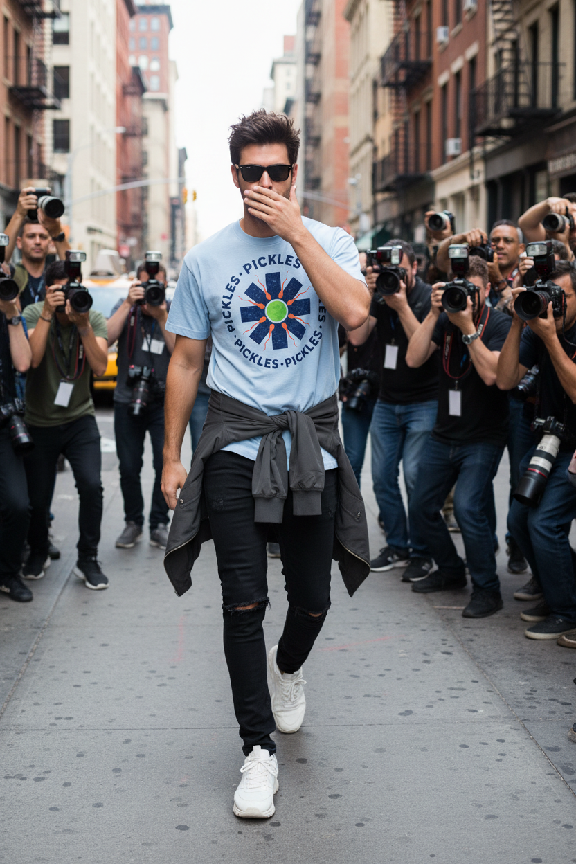 Light blue t-shirt with 'Pickles' graphic design on a white background