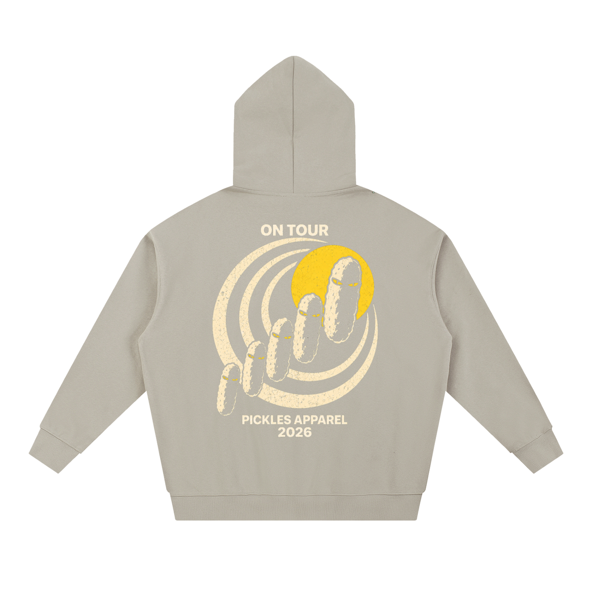 Mr. Pickles Tour heavyweight hoodie in Light Gray, back with On Tour lettering, cream spiral, and pickle procession