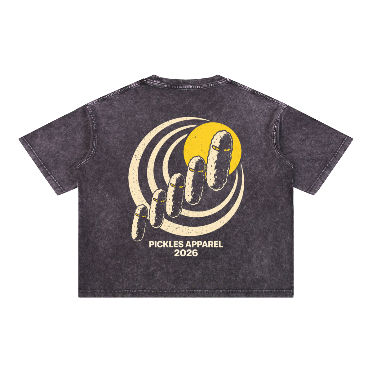 Mr. Pickles mineral-wash boxy T-shirt in Dark Gray, back with cream spiral, yellow sun, and pickle procession