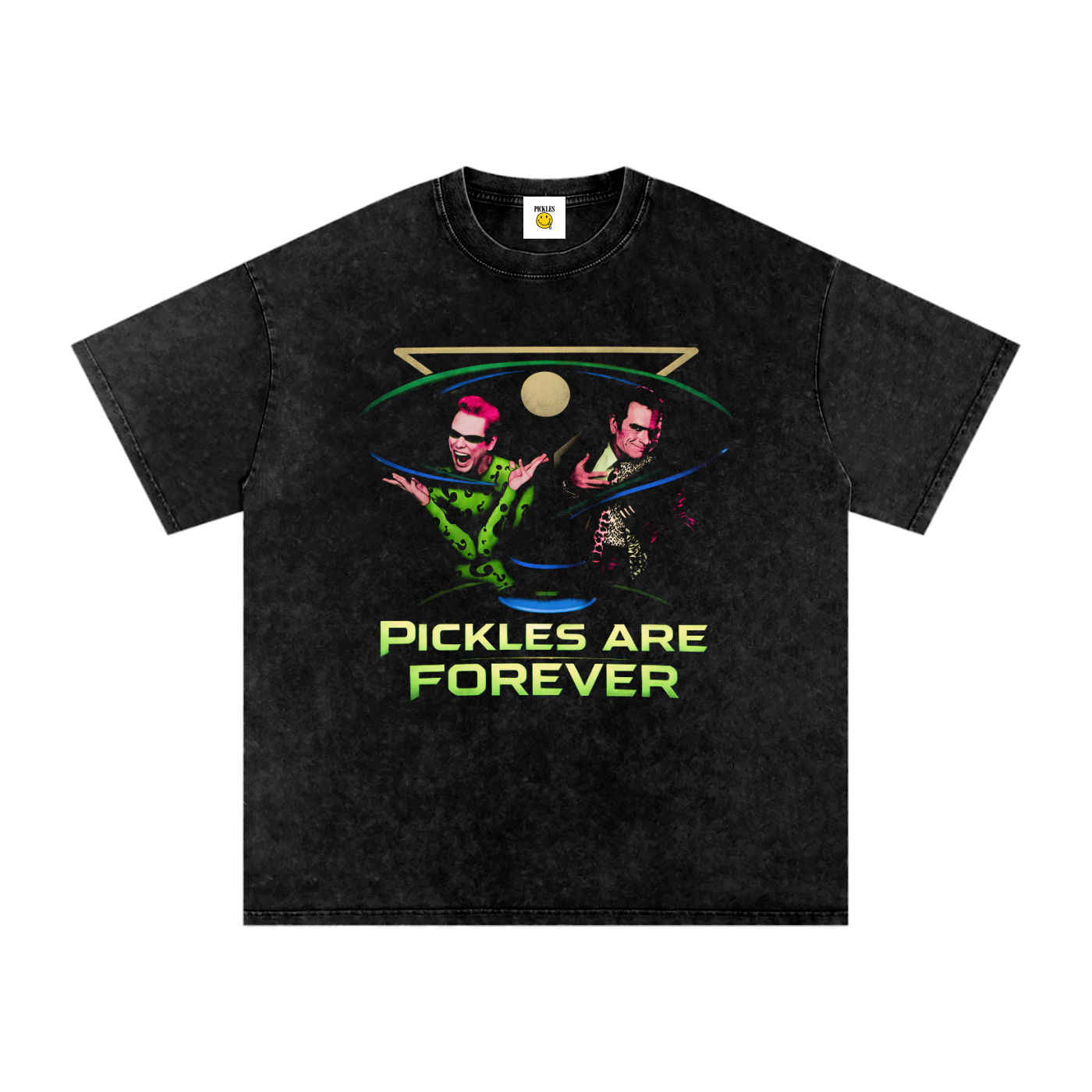 Black t-shirt with graphic design and 'Pickles Are Forever' text on a white background