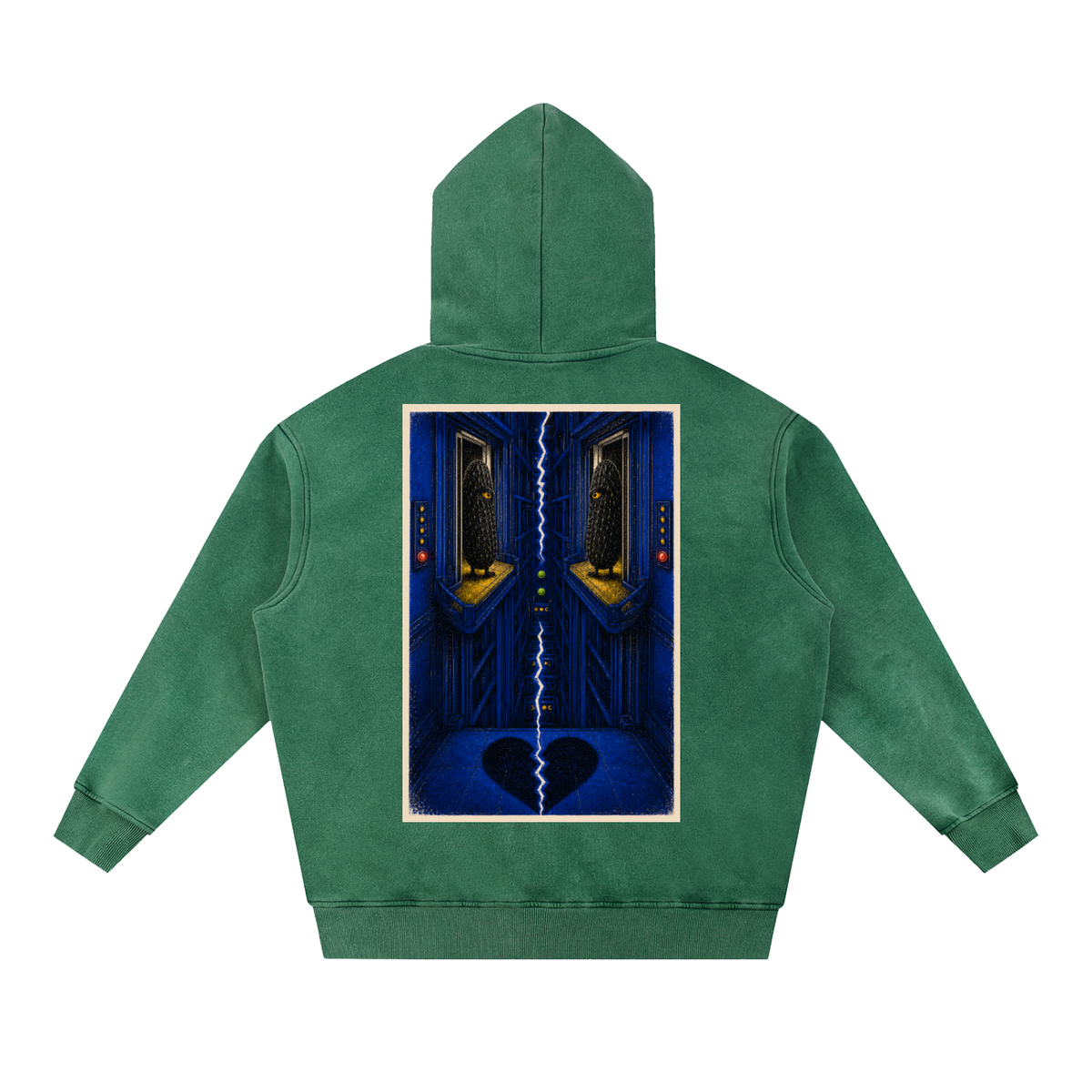 Brine Unconscious snow-wash hoodie in Dark Green, back with surreal blue pickle-eye artwork