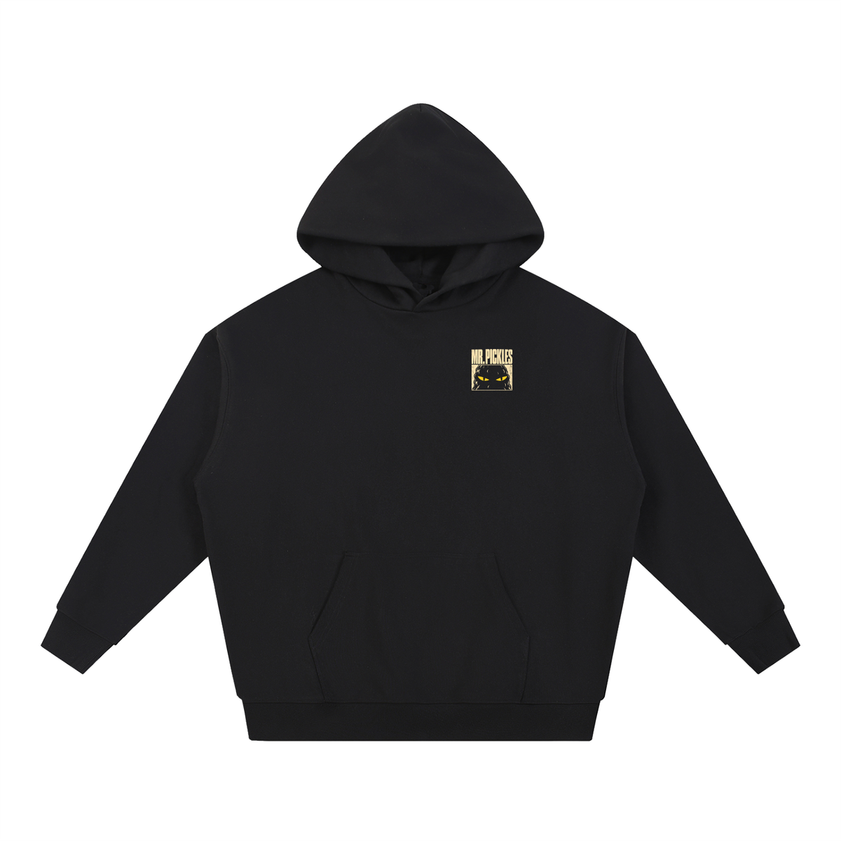 Mr. Pickles Tour heavyweight hoodie in Black, front with small Mr. Pickles chest graphic
