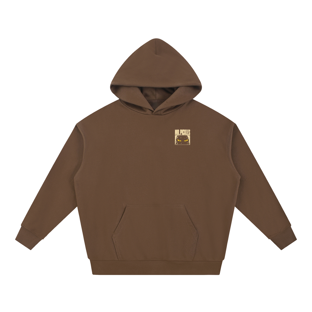 Mr. Pickles Tour heavyweight hoodie in Coffee, front with small Mr. Pickles chest graphic