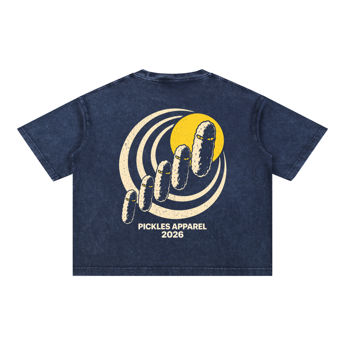 Mr. Pickles mineral-wash boxy T-shirt in Royal Blue, back with cream spiral, yellow sun, and pickle procession