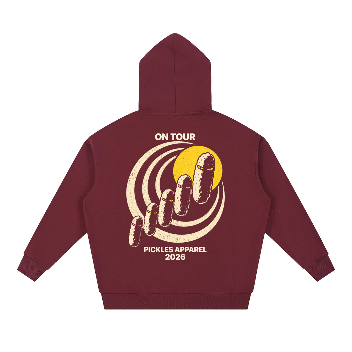 Mr. Pickles Tour heavyweight hoodie in Dull Red, back with On Tour lettering, cream spiral, and pickle procession
