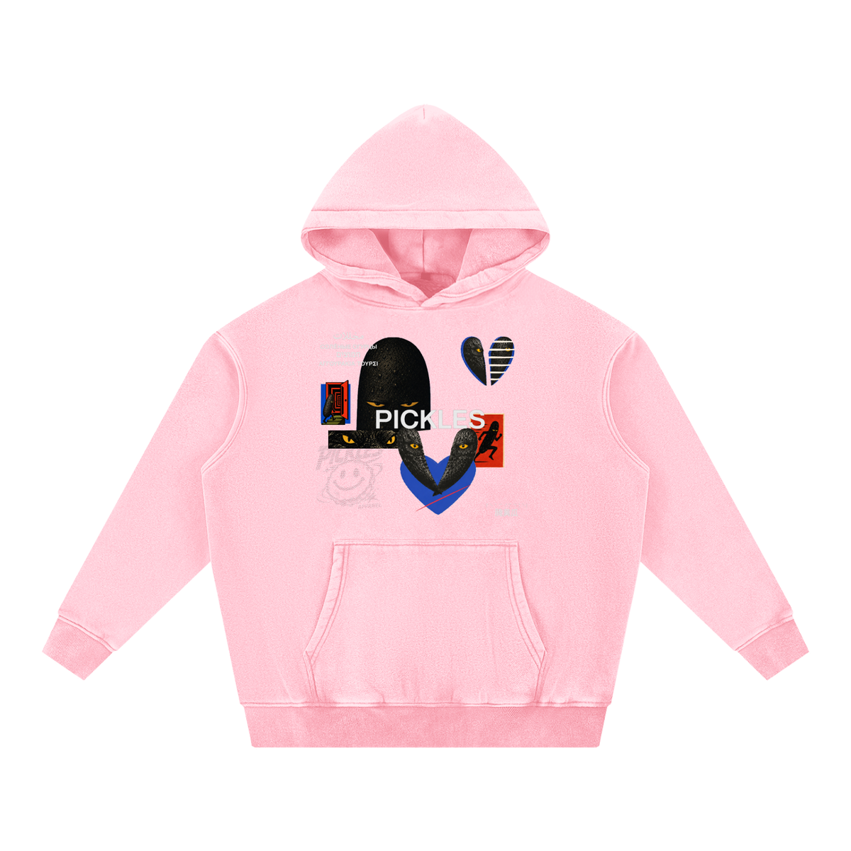 Brine Unconscious snow-wash hoodie in Pink, front with yellow-eyed pickle collage