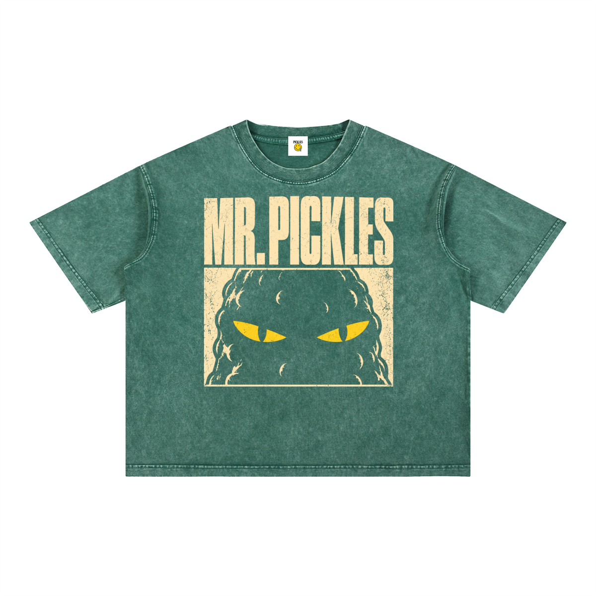 Mr. Pickles mineral-wash boxy T-shirt in Blackish Green, front with distressed cream lettering and yellow-eyed pickle artwork