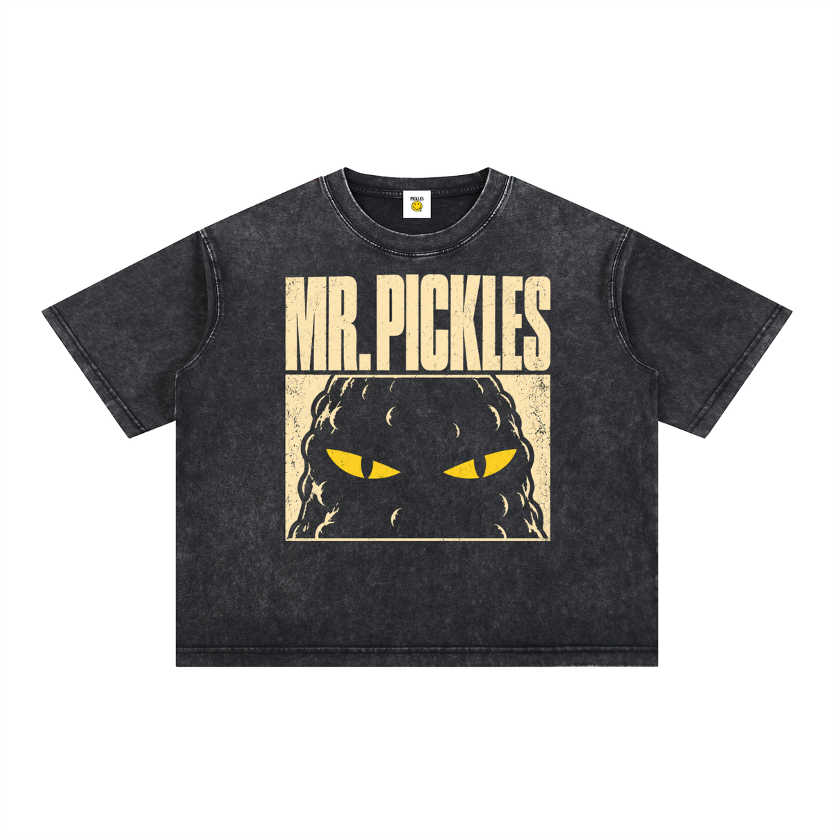Mr. Pickles mineral-wash boxy T-shirt in Black, front with distressed cream lettering and yellow-eyed pickle artwork