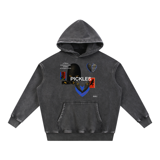 Brine Unconscious snow-wash hoodie in Black, front with yellow-eyed pickle collage