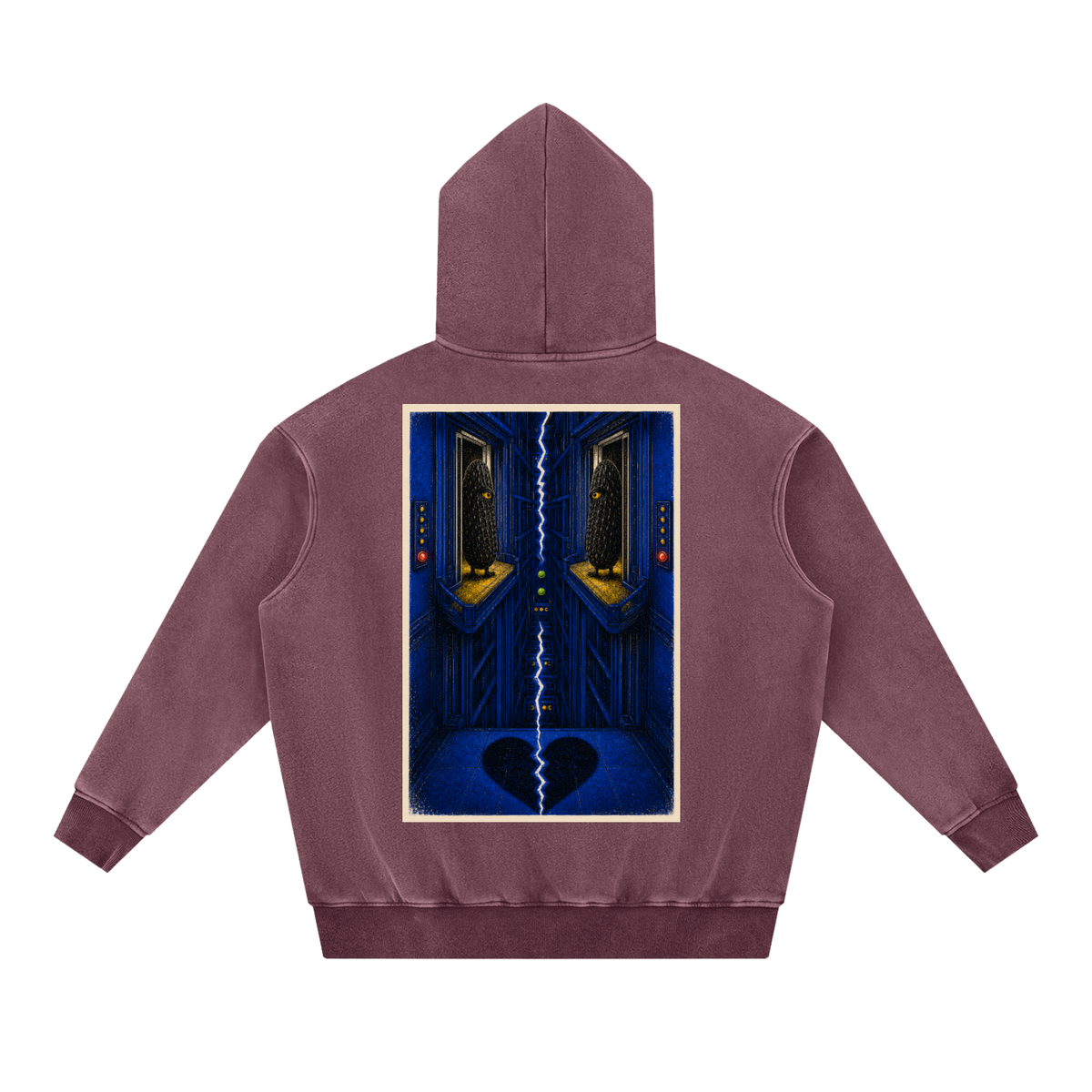 Brine Unconscious snow-wash hoodie in Jujube Red, back with surreal blue pickle-eye artwork