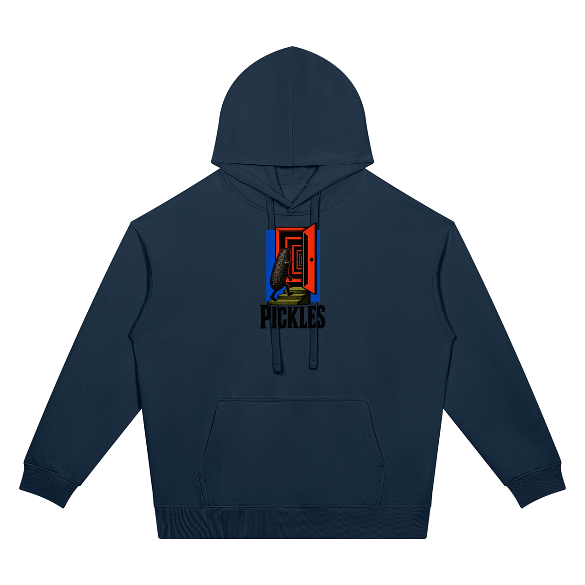 Pickles Juice oversized hoodie in Navy Blue, front with doorway pickle chest graphic