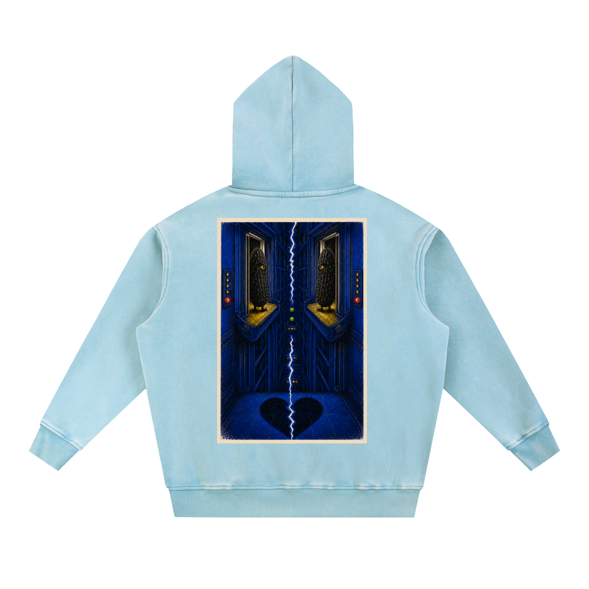 Brine Unconscious snow-wash hoodie in Lake blue, back with surreal blue pickle-eye artwork