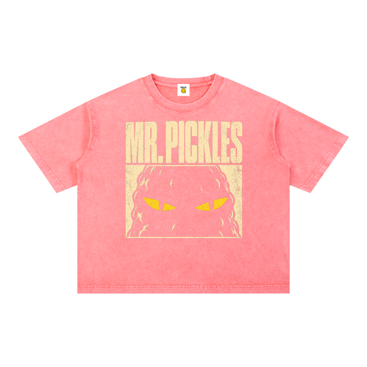 Mr. Pickles mineral-wash boxy T-shirt in Pink, front with distressed cream lettering and yellow-eyed pickle artwork