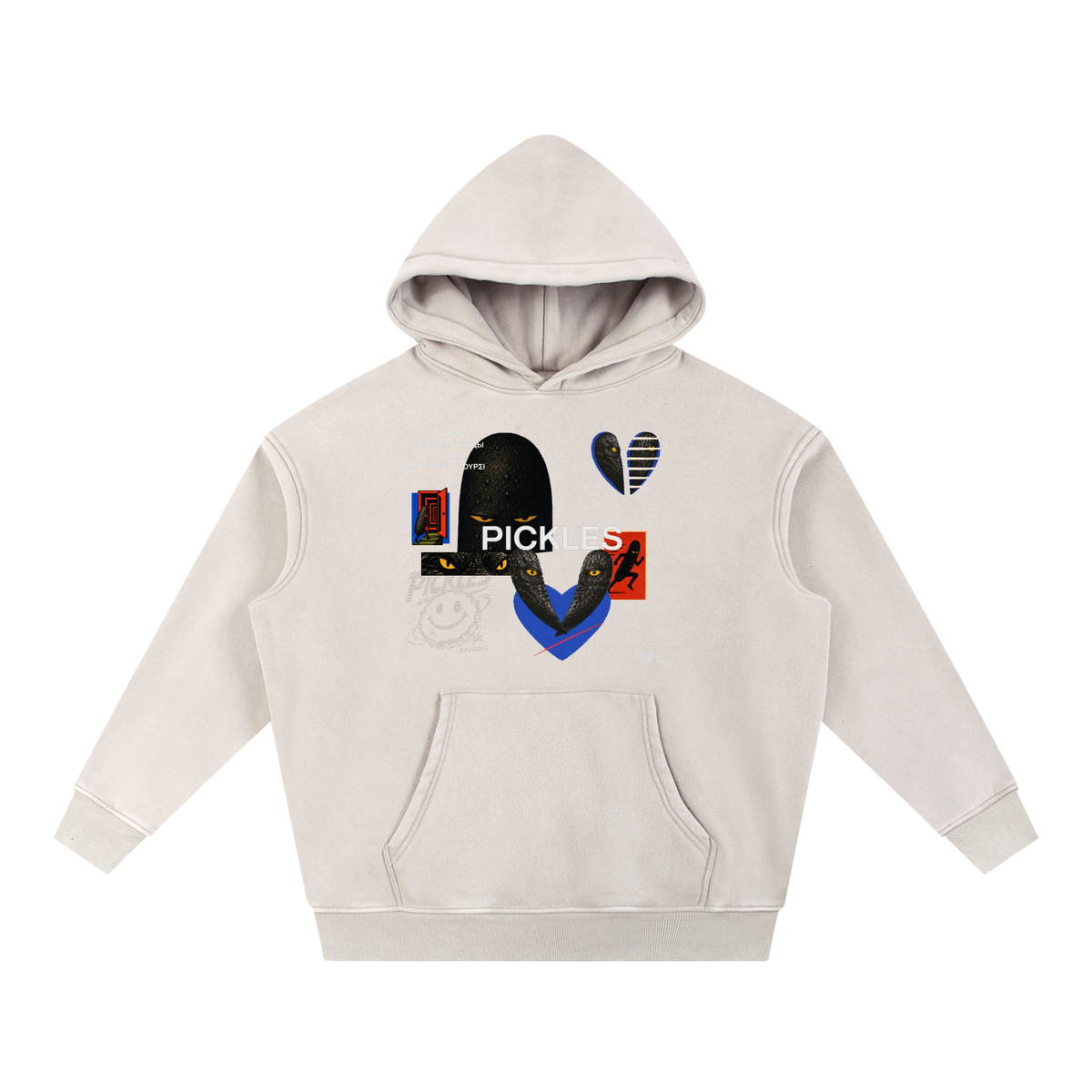 Brine Unconscious snow-wash hoodie in Mild Apricot, front with yellow-eyed pickle collage