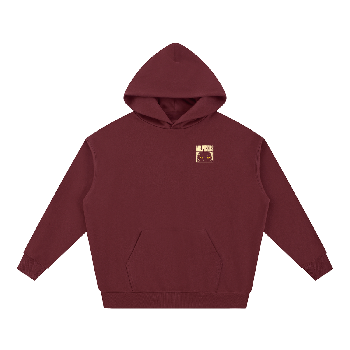 Mr. Pickles Tour heavyweight hoodie in Dull Red, front with small Mr. Pickles chest graphic