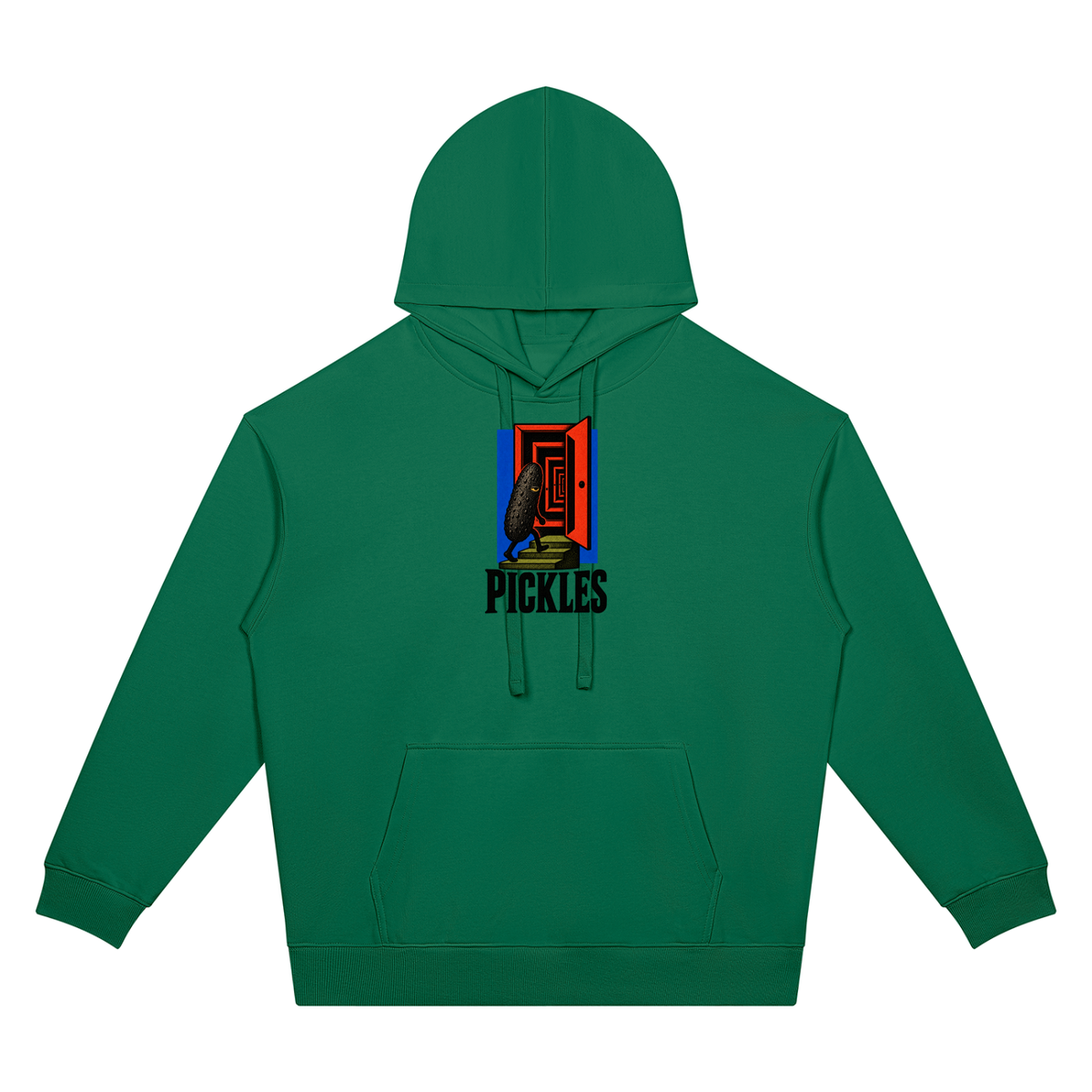 Pickles Juice oversized hoodie in Blackish Green, front with doorway pickle chest graphic