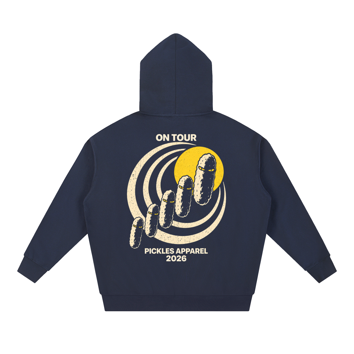 Mr. Pickles Tour heavyweight hoodie in Navy Blue, back with On Tour lettering, cream spiral, and pickle procession