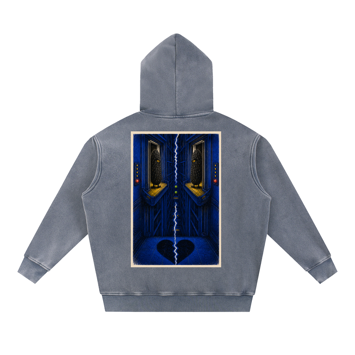 Brine Unconscious snow-wash hoodie in Royal Blue, back with surreal blue pickle-eye artwork