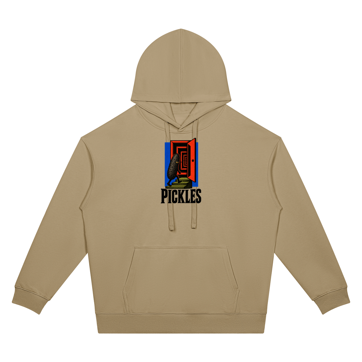 Pickles Juice oversized hoodie in Khaki, front with doorway pickle chest graphic